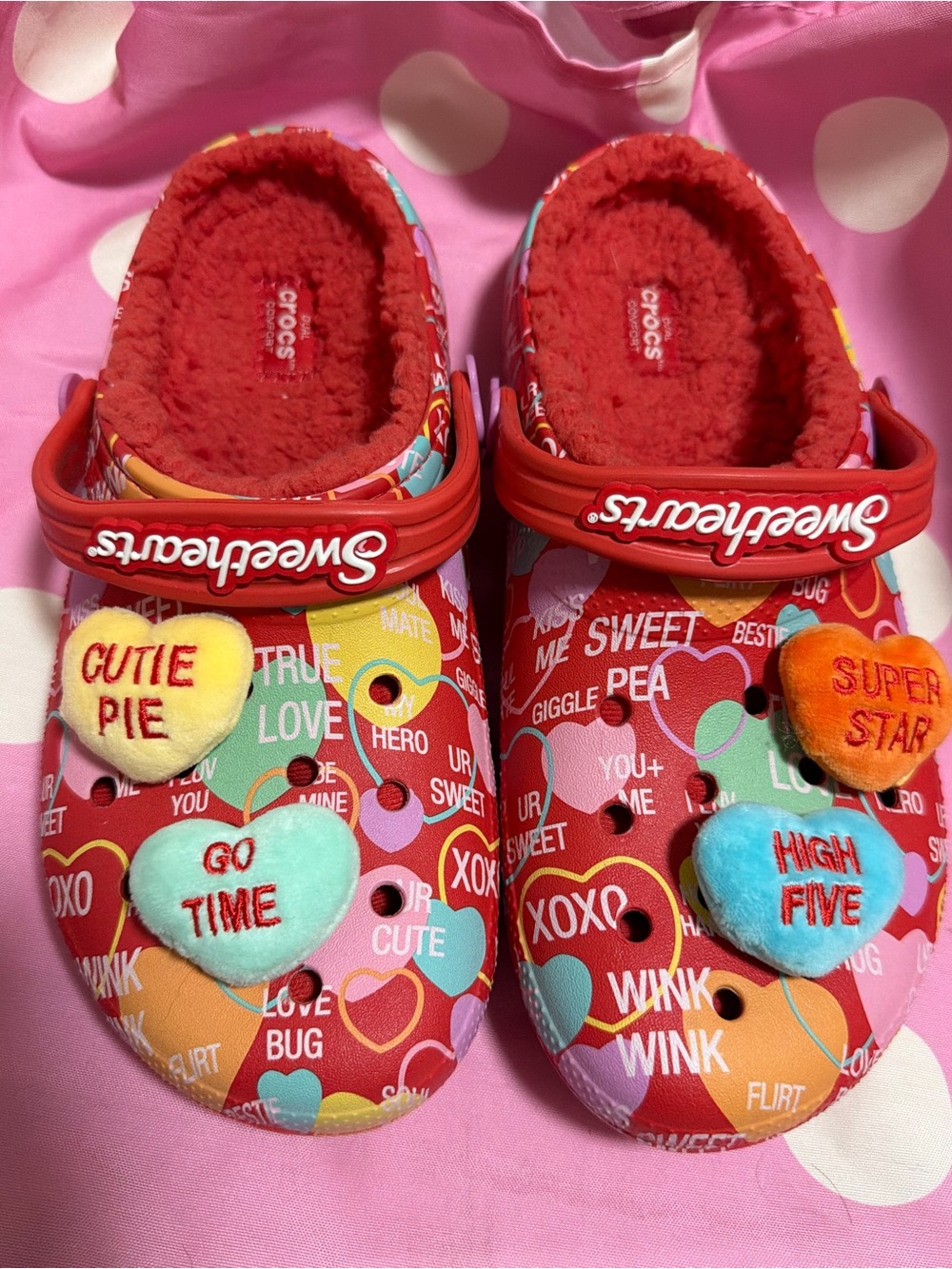 CROCS Red Conversation Heart Clogs with Plush Lining and Heart Charms - Picture 3 of 8